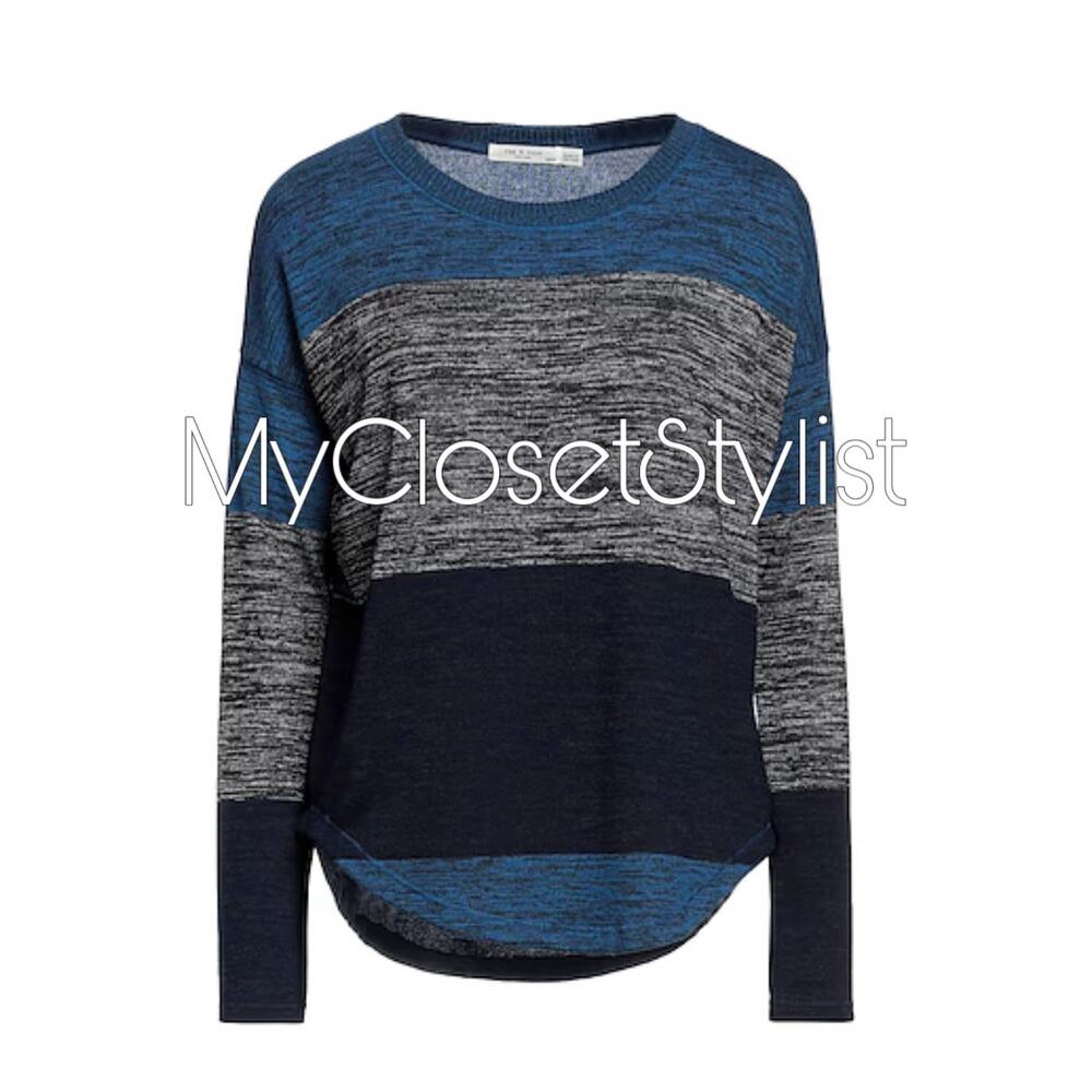 RAG & BONE Hi Low Mixed Media Space Dye Knit Sweater top! XS Blue Weave euc
